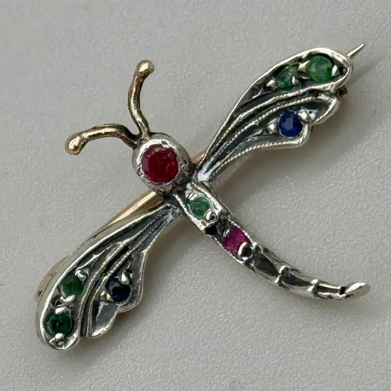 Libellula spilla gioiello oro argento e pietre Italia 1970 ca