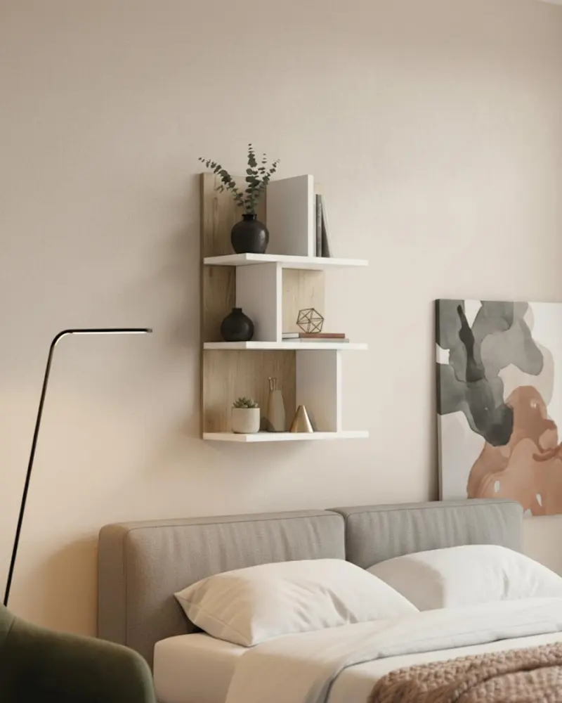 Libreria a muro verticale Polira - Scaffale pensile 4 ripiani sfalsati in truciolato - 7 varianti colore mensole - Design moderno
