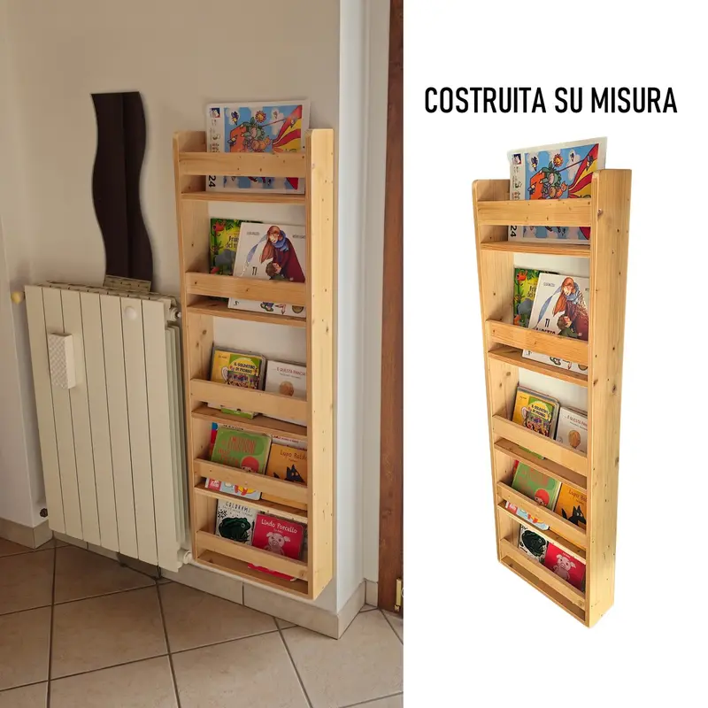 LIBRERIA A PARETE SU MISURA PORTA LIBRI BAMBINI IN LEGNO NATURALE RIPIANI RIVISTE