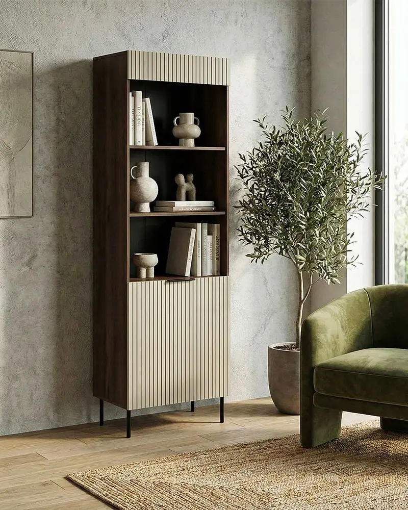 Libreria Sarco - Set Inva - Mobile soggiorno - 1 ante e 3 vani - Ripiani inclusi - L. 60 cm x H. 185 cm x P.42 cm - Chasmere/Noce