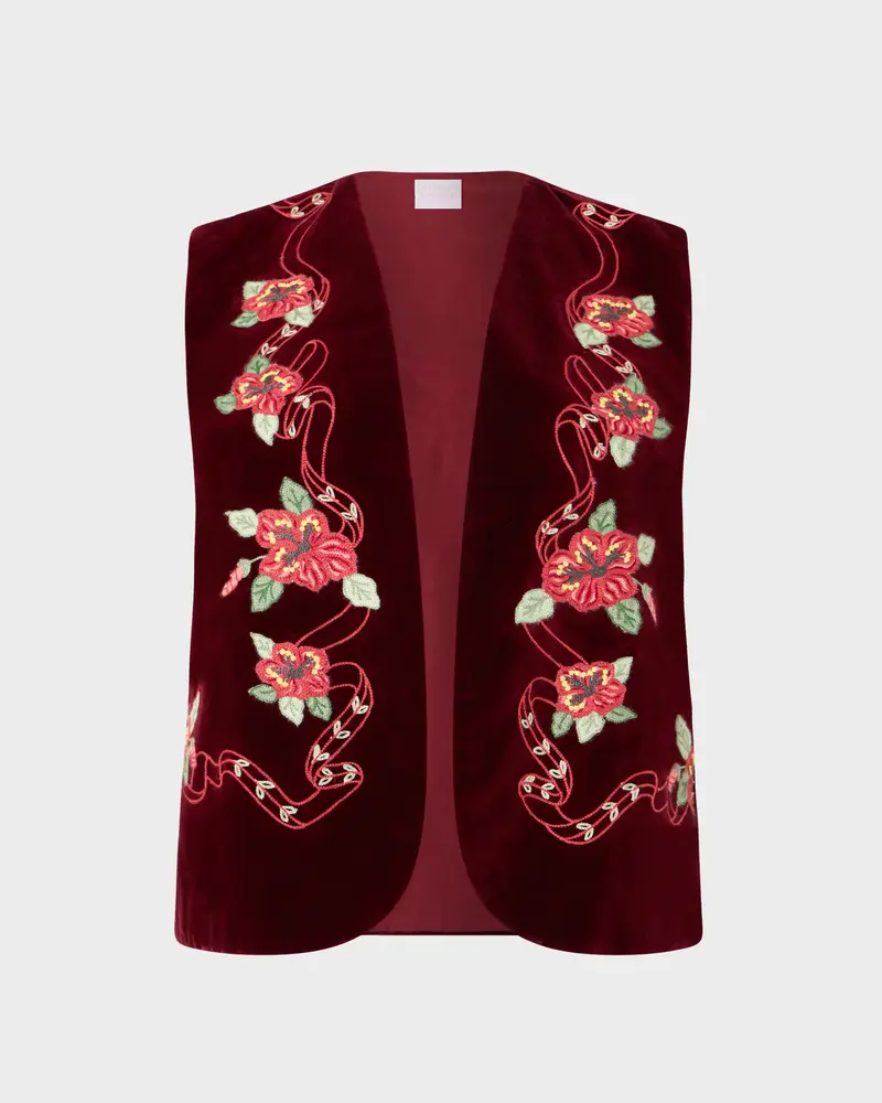 Loretta Caponi x Cabana Hibiscus Velvet Gilet, Bordeaux, L