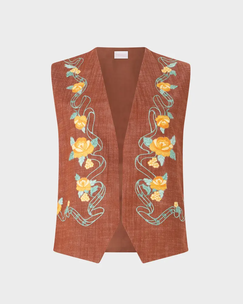 Loretta Caponi x Cabana Rose Denim Gilet, Cognac, S