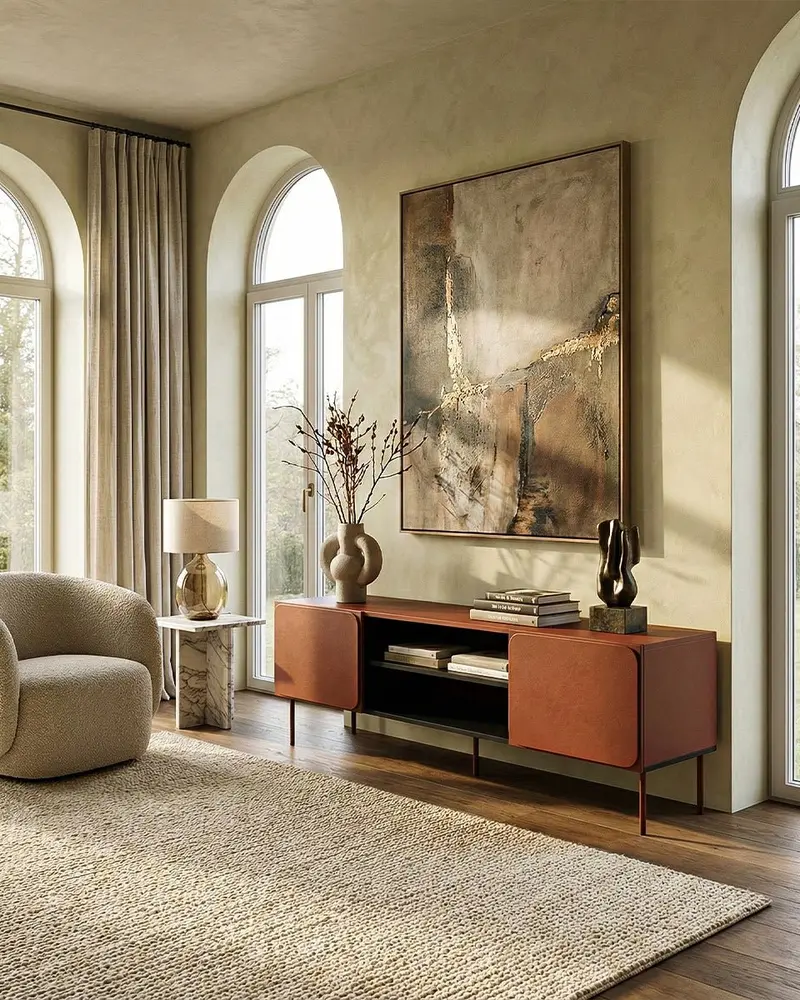 Madia Apice - Set Angle - Mobile con vano per soggiorno, moderno - 2 ante - L. 200 cm x H. 57 cm x P.42 cm - Terra di Siena bruciata