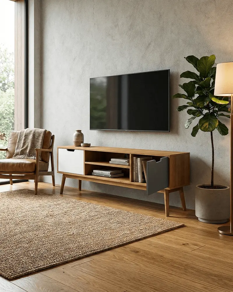 Madia Casco - Mobile TV per soggiorno, moderno - 2 ante con vano a giorno - L. 140 m x H. 52,5 cm x P.40 cm - Rovere chiaro, antracite e bianco