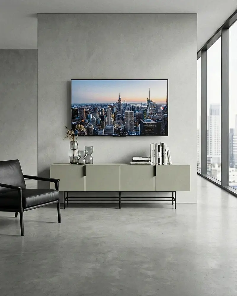 Madia Dias - Mobile TV per soggiorno, moderno - 4 ante - L. 200 cm x H. 54,5 cm x P.35 cm - Grigio oliva