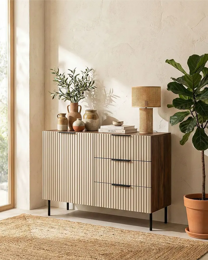 Madia Hamame - Set Inva - Mobile soggiorno - 1 anta e 3 cassetti - L. 105 cm x H. 76 cm x P.42 cm - Chasmere/Noce
