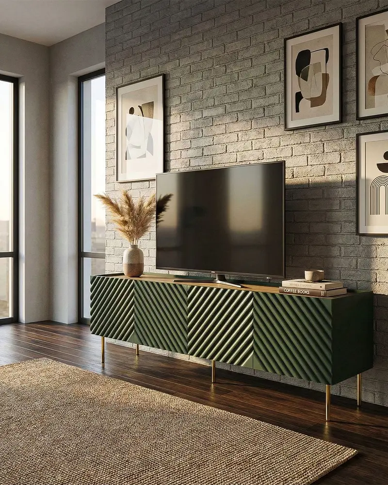 Madia Moray - Set Marea - Mobile Tv moderno - 4 ante - L. 200 cm x H. 54 cm x P.40 cm - Verde, piedini color oro