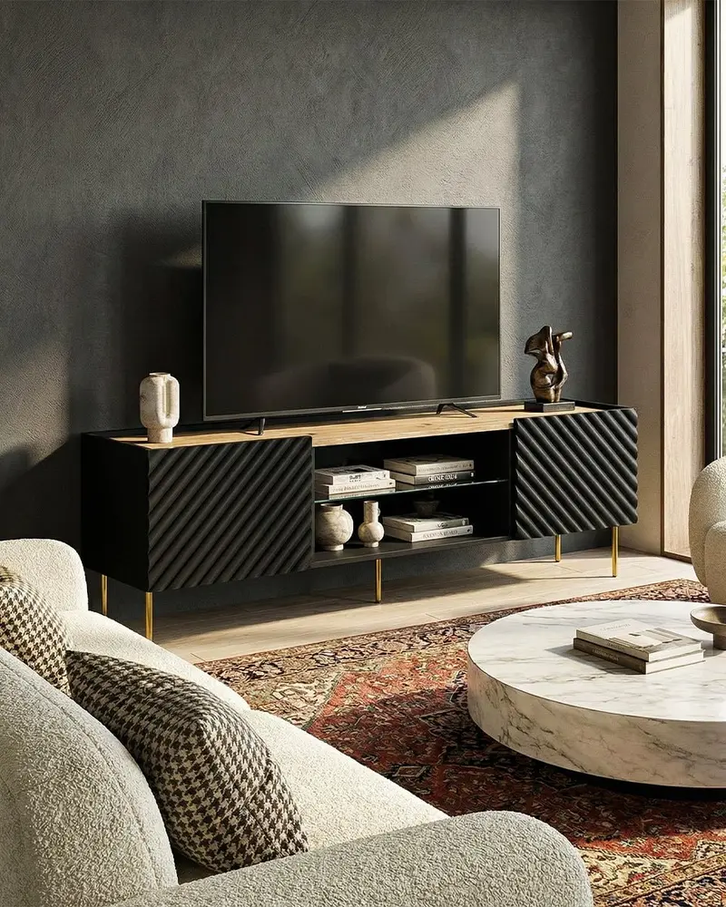 Madia Nassa - Set Marea - Mobile Tv moderno - Vano con ripiano a vetro incluso - 2 ante - L. 181 cm x H. 58 cm x P.40 cm - Nero, piedini color oro