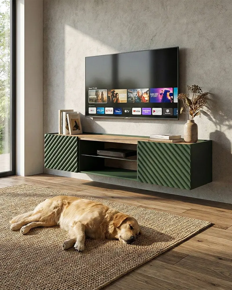 Madia Octa - Set Marea - Mobile Tv sospeso moderno - Vano con ripiano a vetro incluso - 2 ante - L. 181 cm x H. 39 cm x P.40 cm - Verde