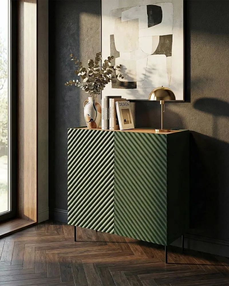 Madia Palma - Set Marea - Mobile alto per soggiorno, moderno - 2 ante e 2 cassetti interni inclusi - L. 98 cm x H. 127 cm x P.45 cm - Verde, piedini color nero