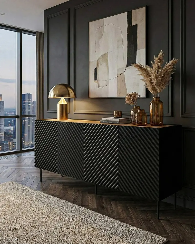 Madia Ploca - Set Marea - Mobile alto per soggiorno, moderno - 4 ante e 2 cassetti interni inclusi - L. 200 cm x H. 85 cm x P.45 cm - Nero, piedini color nero