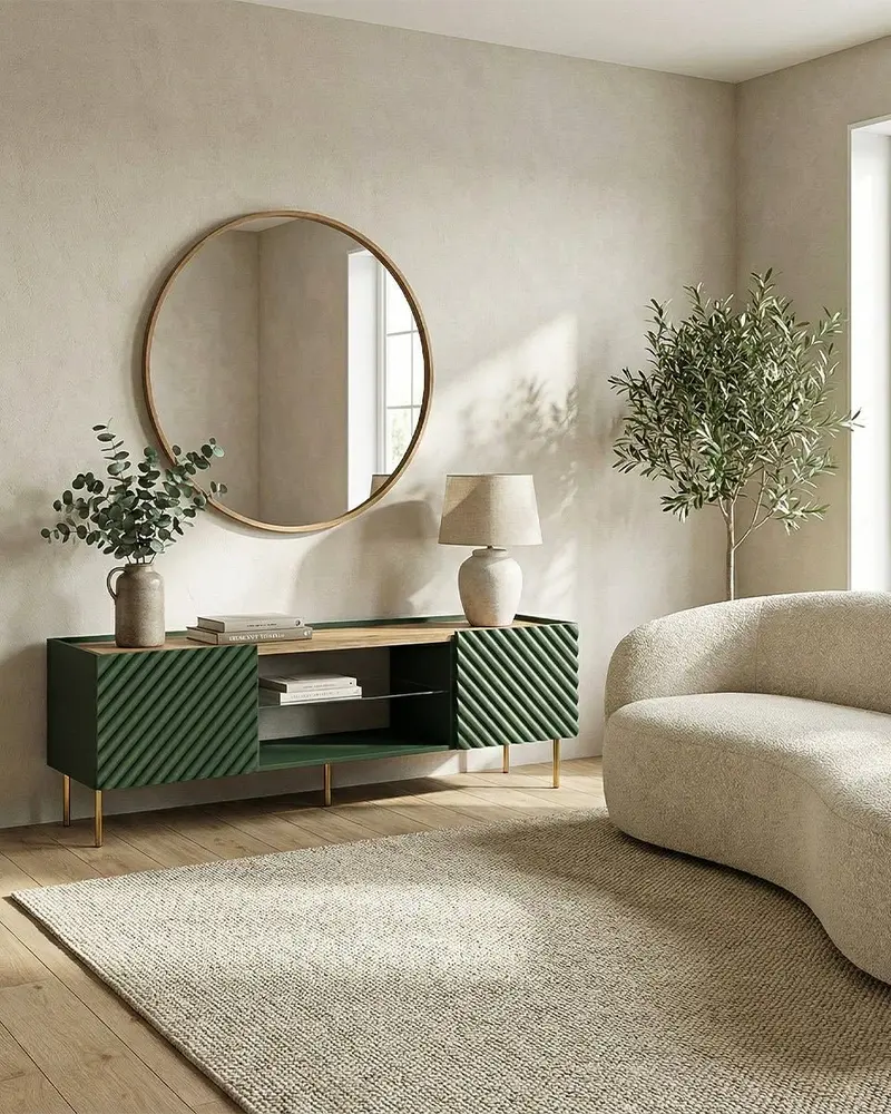 Madia Raya - Set Marea - Mobile Tv moderno - Vano con ripiano a vetro incluso - 2 ante - L. 181 cm x H. 58 cm x P.40 cm - Verde, piedini color oro