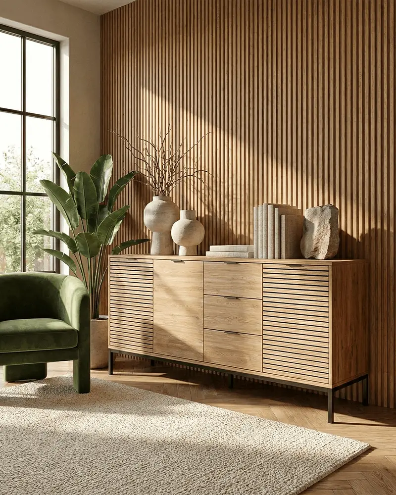 Madia Rila - Mobile per soggiorno e ingresso - 3 ante 3 cassetti - L. 180 cm x H. 80 cm x P.40 cm - Rovere chiaro