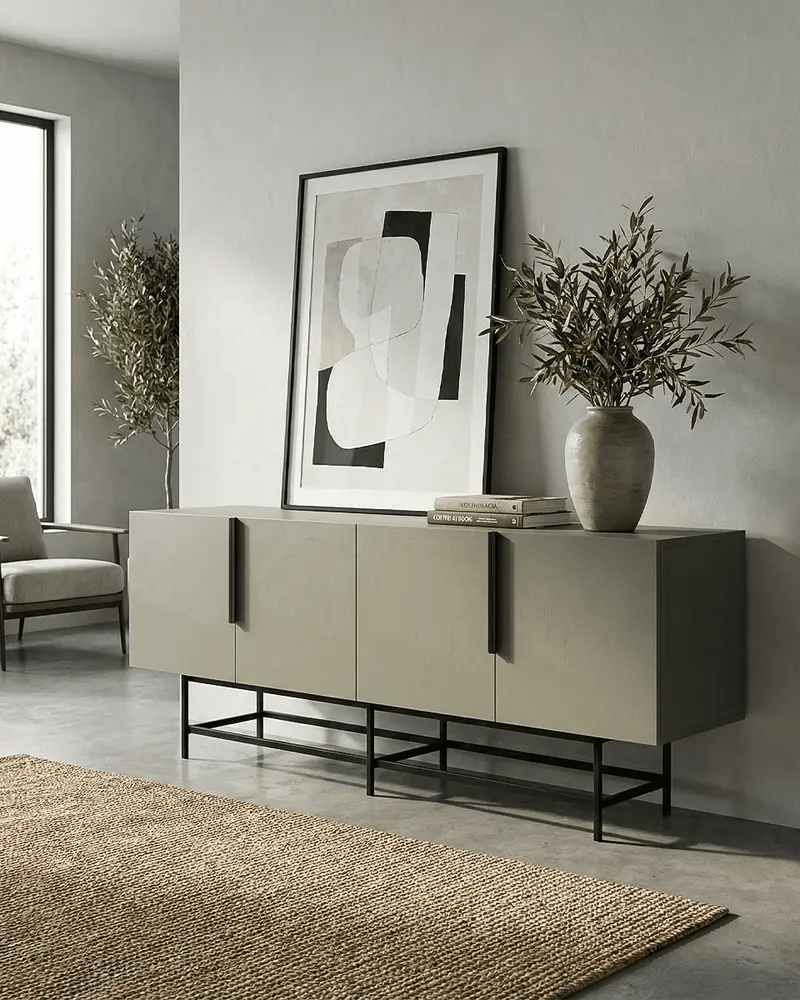 Madia Semana - Mobile per soggiorno e ingresso, moderno - 4 ante - L. 200 cm x H. 78 cm x P. 40 cm - Grigio oliva