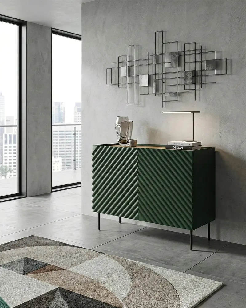 Madia Spato - Set Marea - Mobile alto per soggiorno, moderno - 2 ante - L. 98 cm x H. 85 cm x P.45 cm - Verde, piedini color nero
