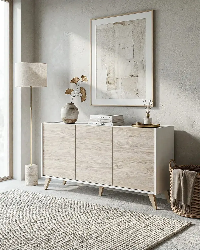 Madia SVEN – Credenza Moderna 3 Ante con Ripiani Regolabili Bianco e Olmo