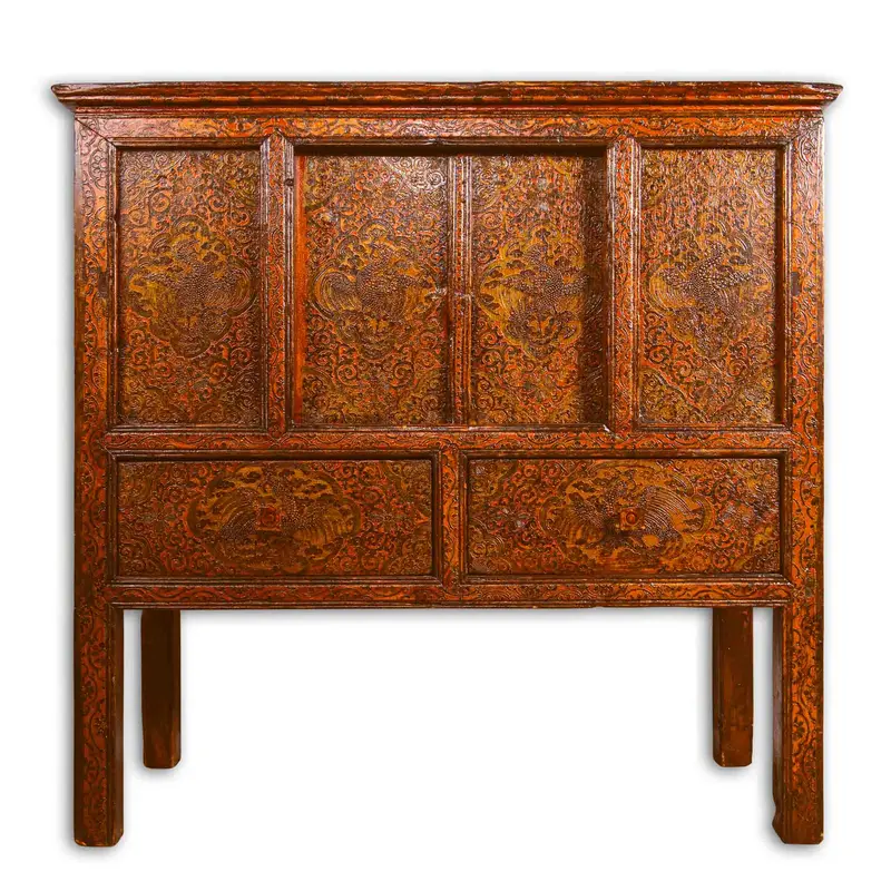 Madia tibetana antica dipinta in oro zecchino - Credenza altare con ante scorrevoli cod. T3