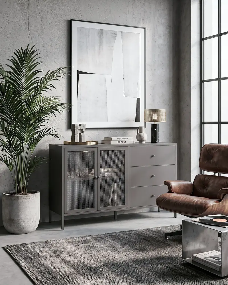 Madia Trama COMBO - Antracite - Credenza Moderna in metallo verniciato - 2 Ante 3 Cassetti -