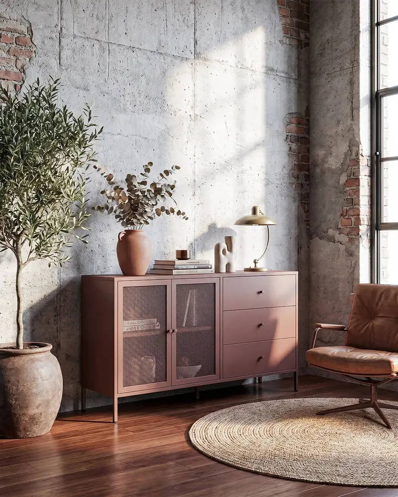 Madia Trama COMBO - Rame - Credenza Moderna in metallo verniciato - 2 Ante 3 Cassetti -
