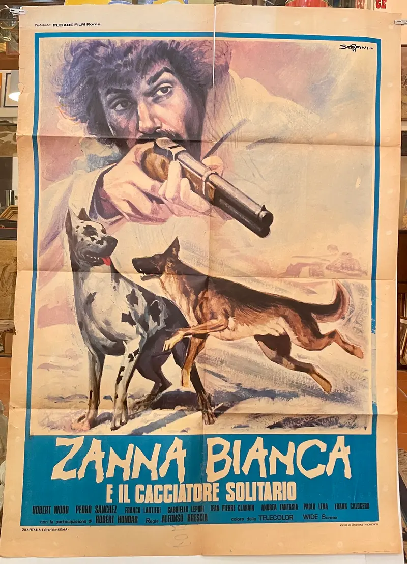 Manifesto “Zanna Bianca e il cacciatore solitario" cinema film 2F Pleiade film Roma 1975