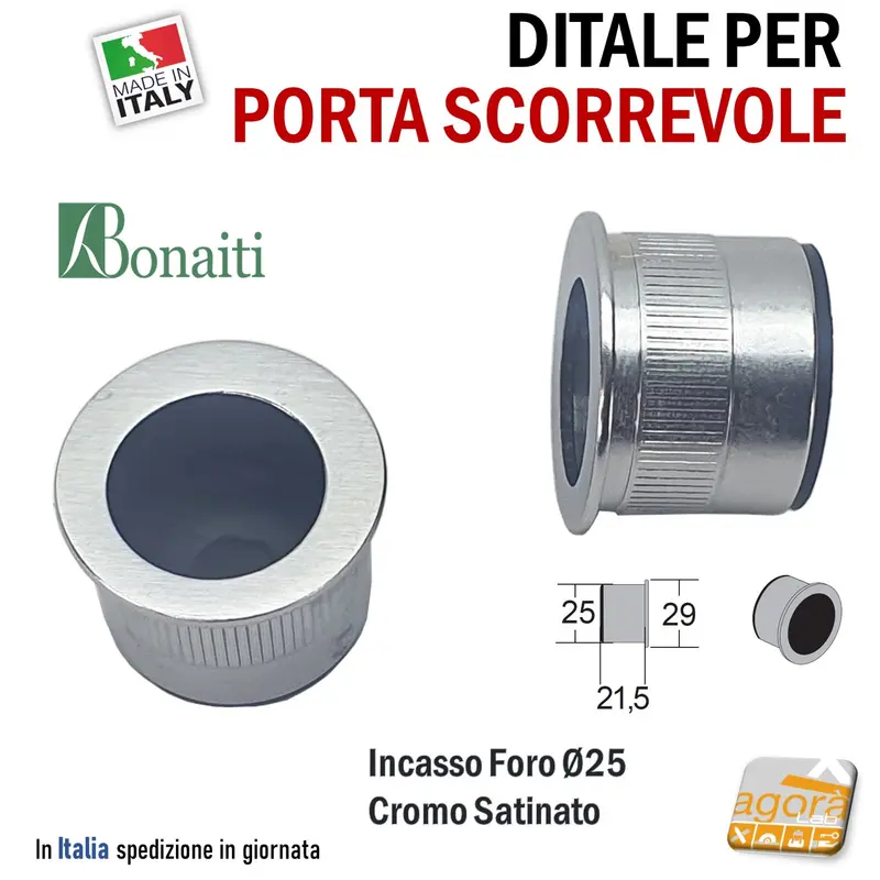MANIGLIA DITALE DI TRASCINAMENTO PER PORTA SCORREVOLE INCASSO FORO 25 D29 CROMO SAT BONAITI