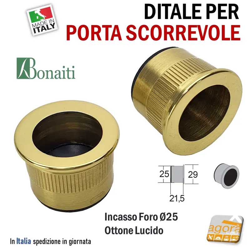 MANIGLIA DITALE DI TRASCINAMENTO PER PORTA SCORREVOLE INCASSO FORO 25 D29 OTTONE LUCIDO BONAITI