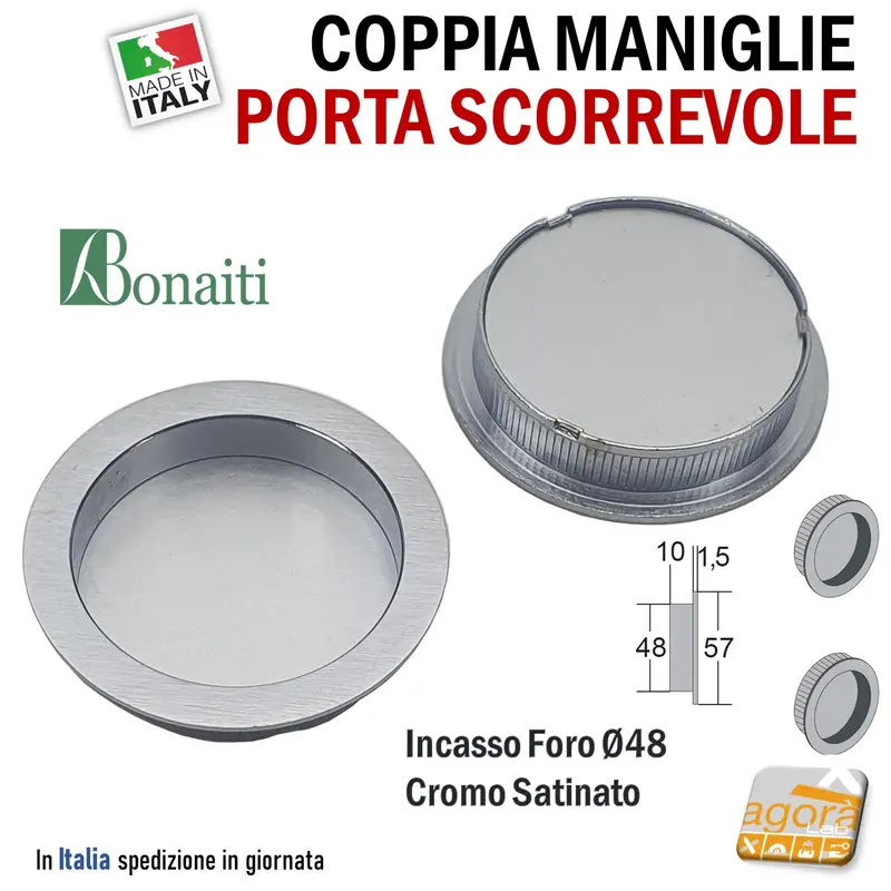 MANIGLIA PER PORTA SCORREVOLE BOCCHETTA CIECA INCASSO FORO 48 D57 CROMO SAT BONAITI