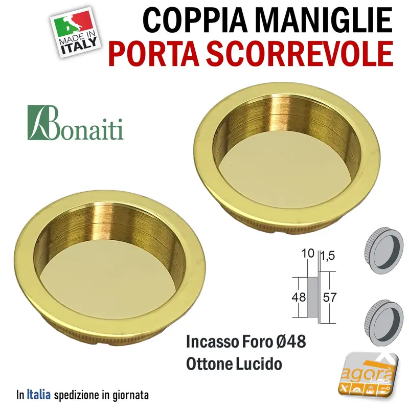 MANIGLIA PER PORTA SCORREVOLE BOCCHETTA CIECA INCASSO FORO 48 D57 OTTONE BONAITI