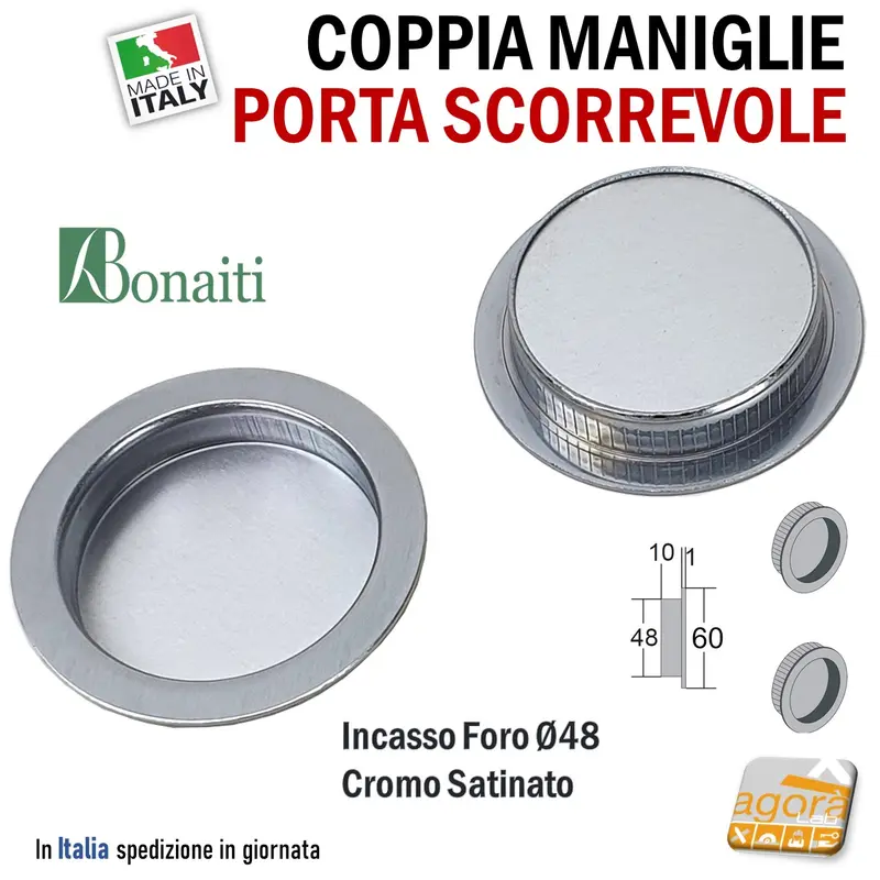 MANIGLIA PER PORTA SCORREVOLE BOCCHETTA CIECA INCASSO FORO 48 D60 CROMO SAT BONAITI PTS