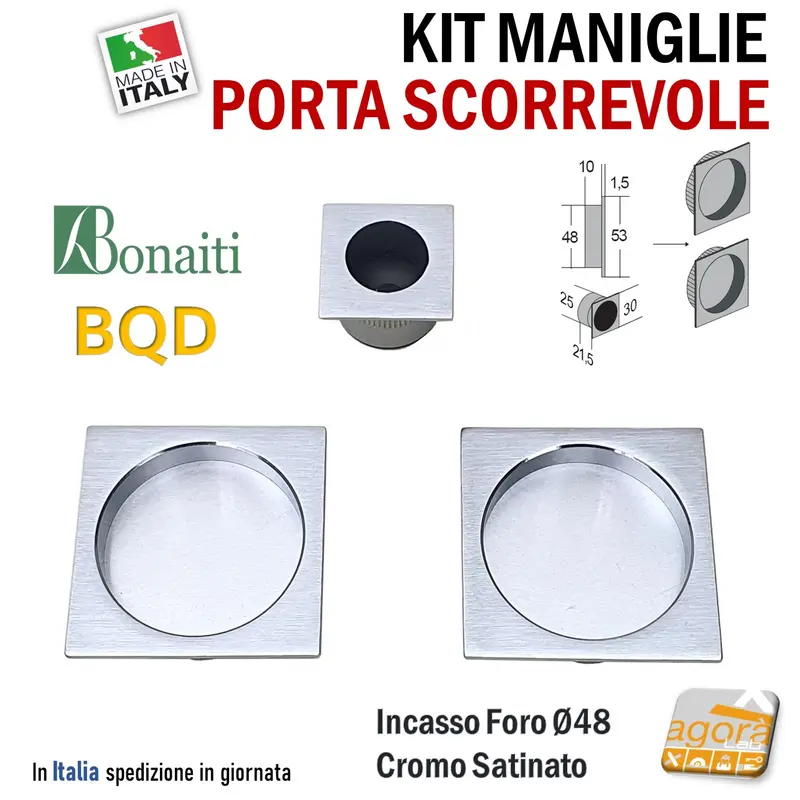 MANIGLIA PER PORTA SCORREVOLE BOCCHETTA INCASSO FORO 48 QUADRATA 53x53 CROMO SAT BONAITI BQD KIT CIECA + DITALE