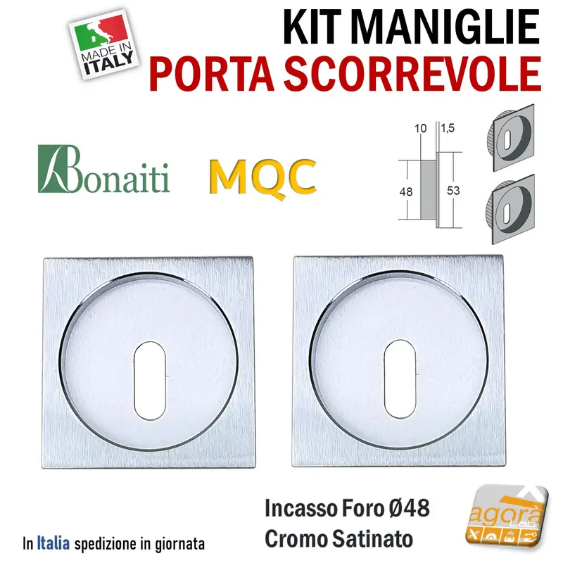 MANIGLIA PER PORTA SCORREVOLE BOCCHETTA INCASSO FORO 48 QUADRATA 53x53 CROMO SAT BONAITI MQC CHIAVE
