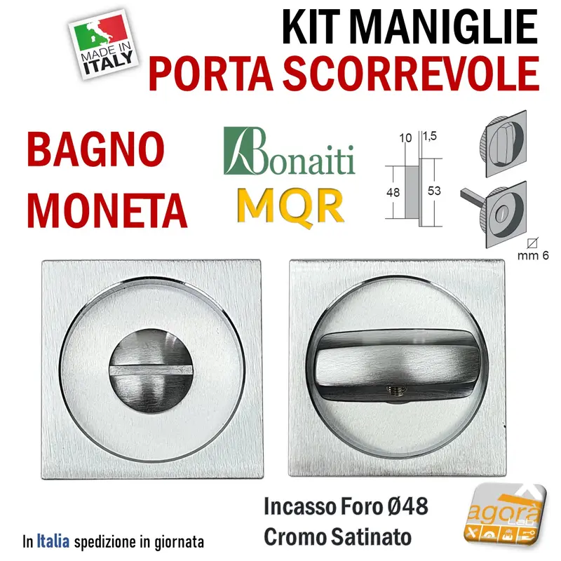 MANIGLIA PER PORTA SCORREVOLE BOCCHETTA INCASSO FORO 48 QUADRATA 53x53 CROMO SAT BONAITI MQR BAGNO WC