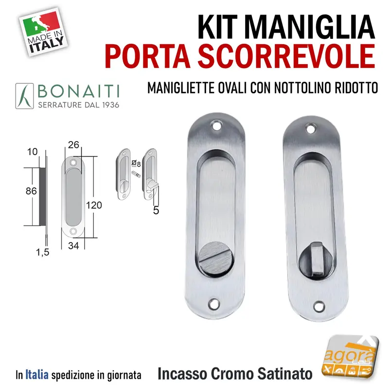 MANIGLIA PER PORTA SCORREVOLE BOCCHETTA OVALE WC BAGNO BONAITI MOR 120x34 Foro 86x26 Cr.Sat