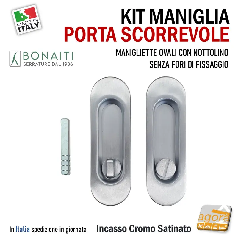 MANIGLIA PER PORTA SCORREVOLE BOCCHETTA OVALE WC BAGNO BONAITI NON 120x40 Foro 86x20 Cr.Sat