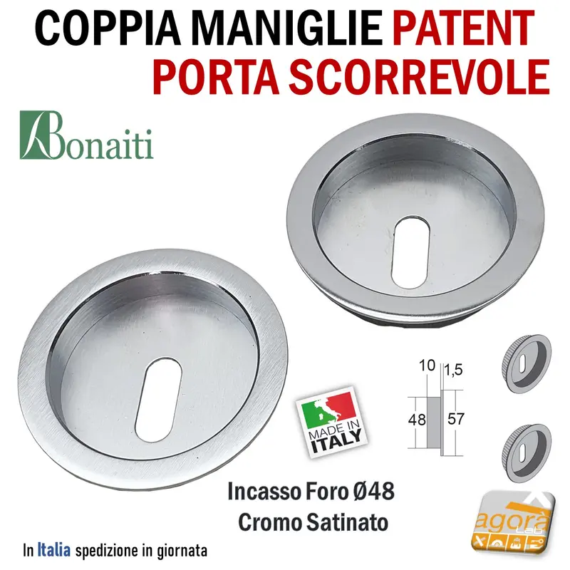 MANIGLIA PER PORTA SCORREVOLE BOCCHETTA PATENT INCASSO FORO 48 D57 CROMO SAT BONAITI MTC CHIAVE