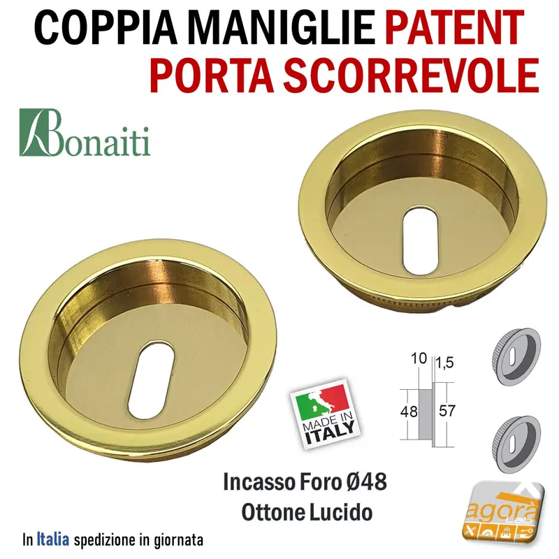 MANIGLIA PER PORTA SCORREVOLE BOCCHETTA PATENT INCASSO FORO 48 D57 OTTONE LUCIDO BONAITI MTC OTTONATA CHIAVE