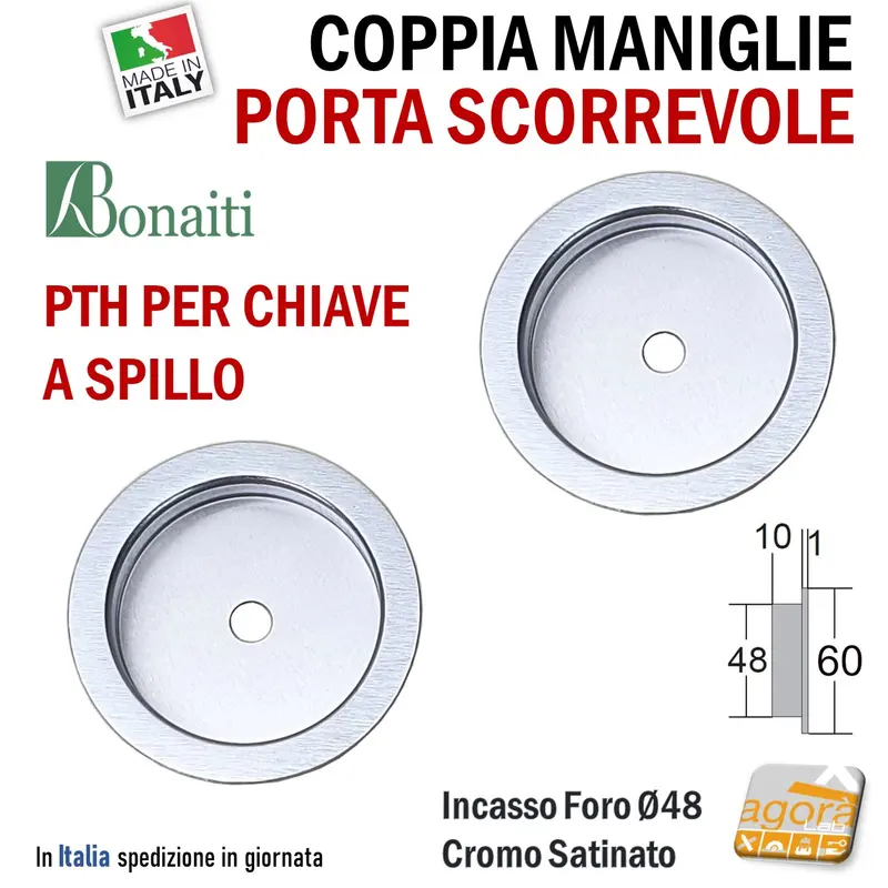 MANIGLIA PER PORTA SCORREVOLE BOCCHETTA SPILLO INCASSO FORO 48 D60 CROMO SAT BONAITI PTH CHIAVE