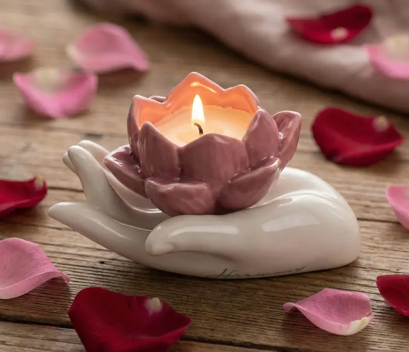 Mano con fiore porta candela in porcellana bomboniera per comunione, cresima, matrimonio Harmony PRMT25103