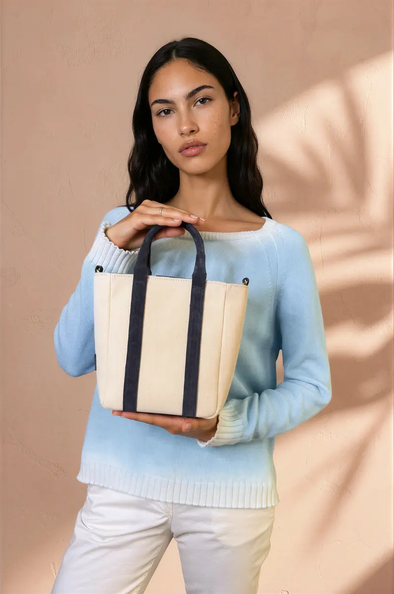 MINI TOTE CAMILLE in canvas avorio e camoscio blu