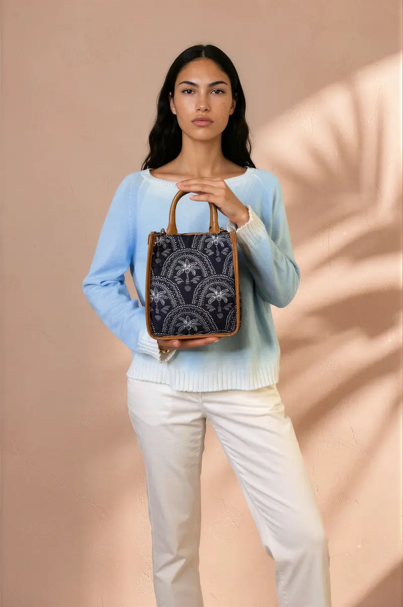 MINI TOTE CAMILLE tessuto jacquard e pelle biscotto