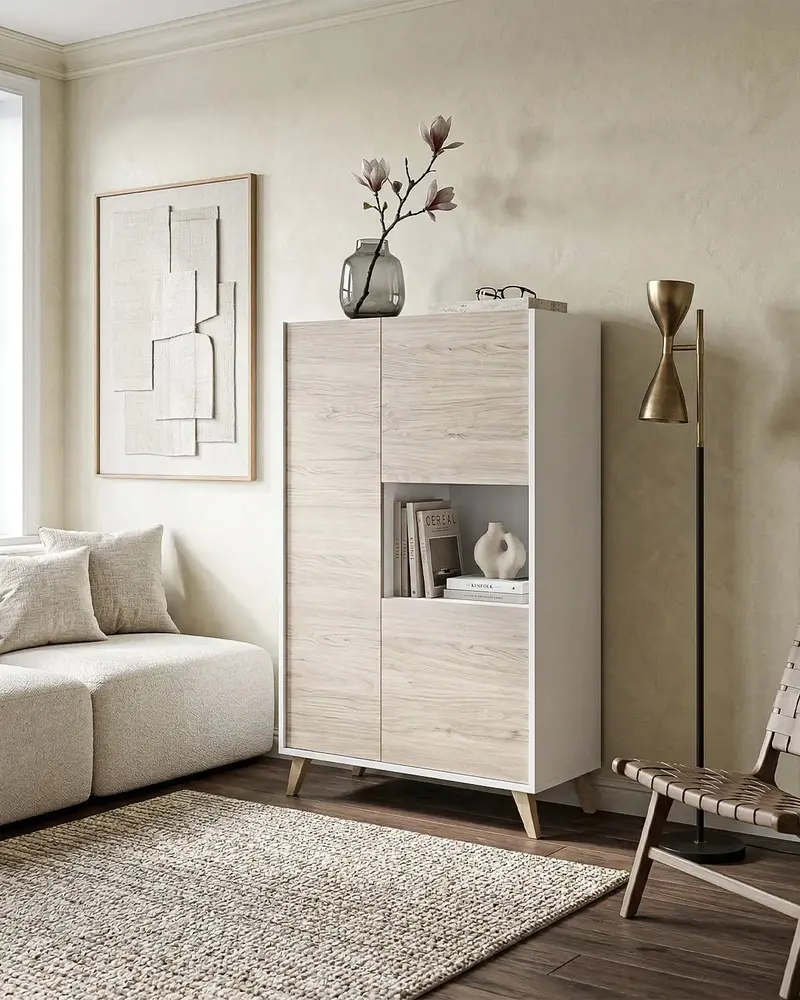 Mobile ASTRI – Cabinet Moderno 2 Ante con Vano a Giorno Bianco e Olmo
