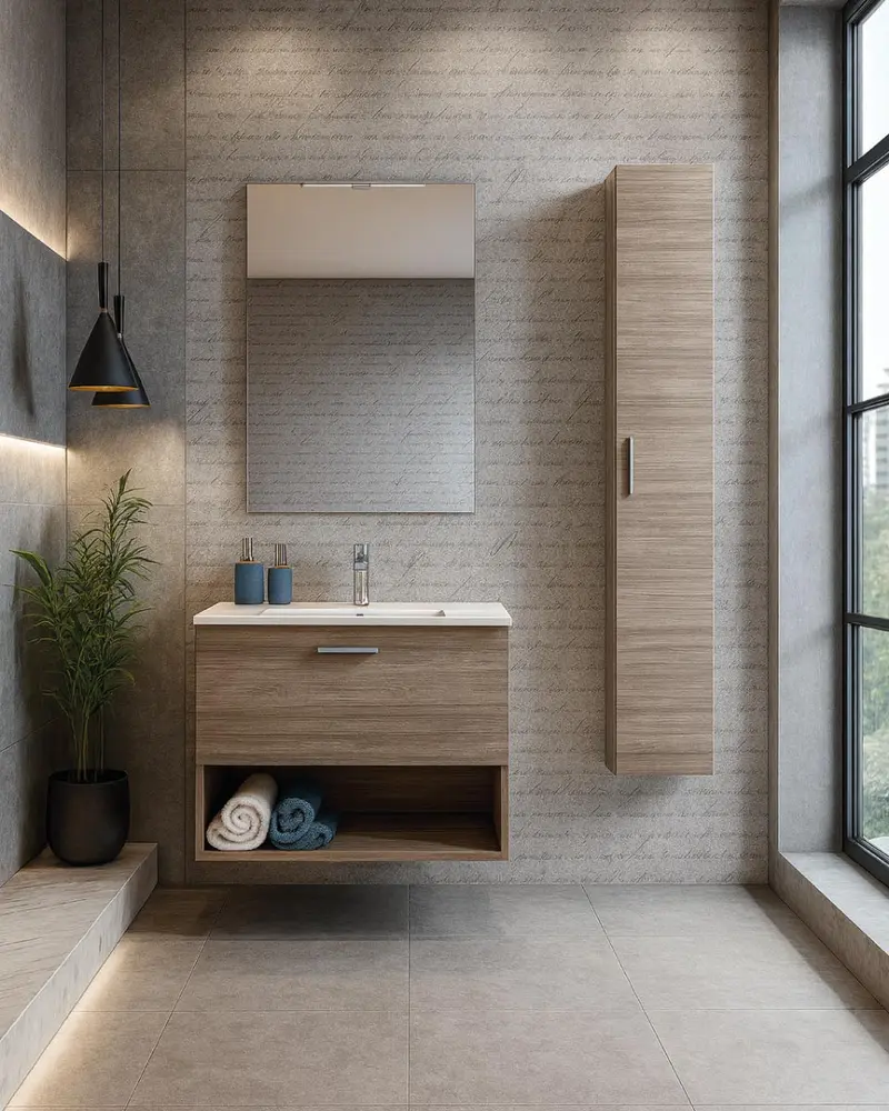 Mobile bagno Lumo - Mobile 80 cm con pensile - Rovere di Tropea - Mobile sospeso in nobilitato melaminico - Lavabo ceramica, specchio e lampada inclusi - Cassetto soft-close