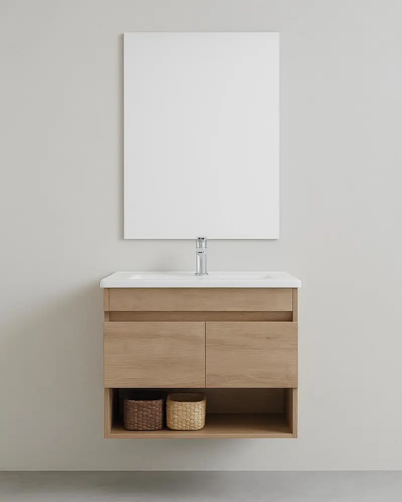 Mobile bagno Mira - Mobile sospeso 80cm - Rovere di bordeaux - Con lavabo ceramica e specchio - 2 ante slow-motion e vano a giorno