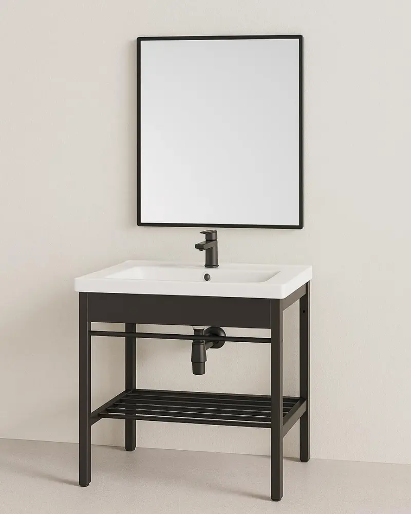 Mobile bagno Nexo - metallo nero opaco stile industrial 60cm - Lavabo in ceramica e specchio 50x70 inclusi - Design moderno