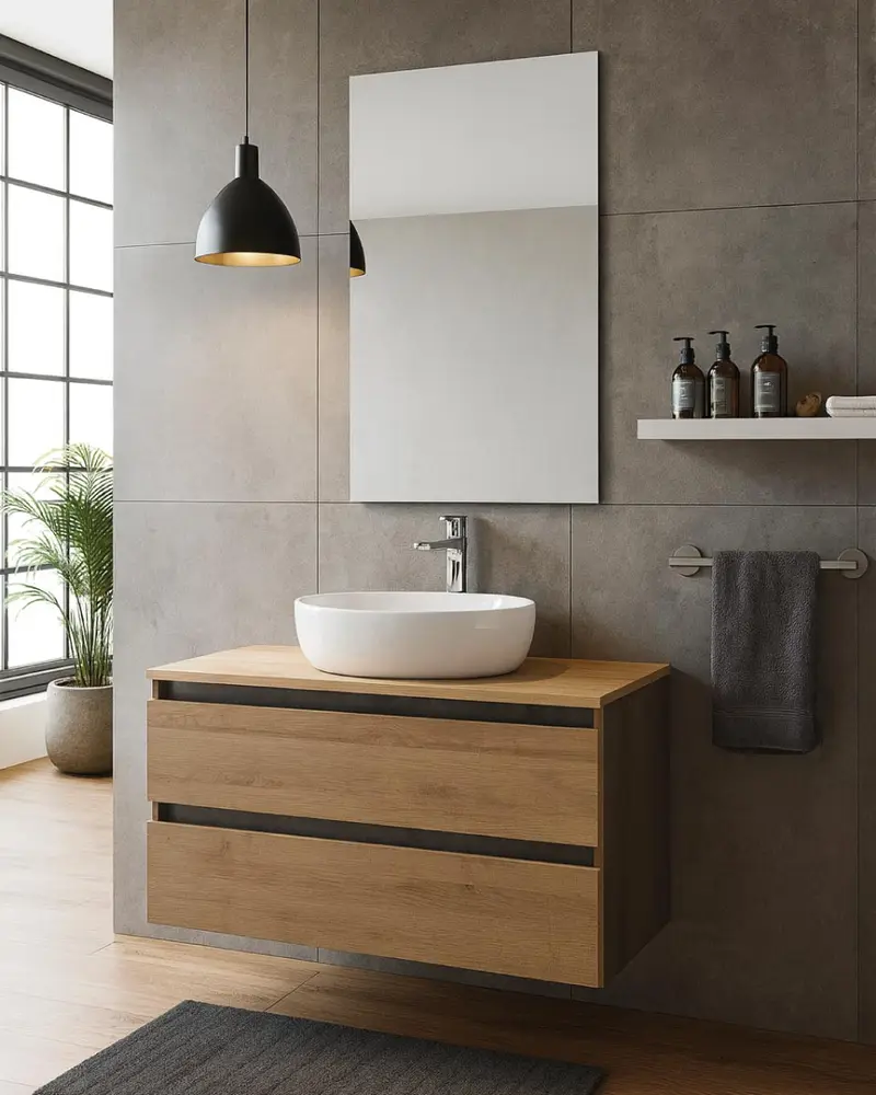 Mobile bagno Oris - Mobile sospeso 80cm - Rovere di bordeaux e ossido grigio - Con lavabo ceramica e specchio - Cassetti soft-close