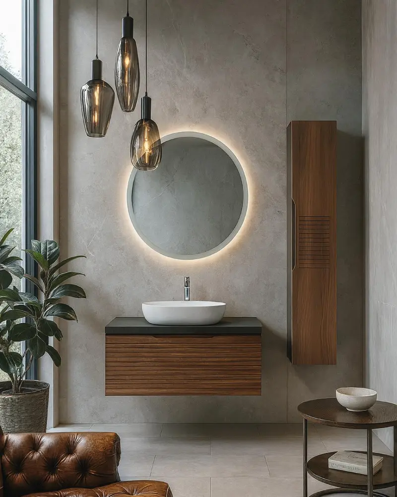Mobile bagno Soma - Mobile 90 cm con pensile H150 - MDF rivestito PVC finitura noce canaletto - Cassetto soft-close - Lavabo ceramica e specchio inclusi - Pensile con 5 scomparti