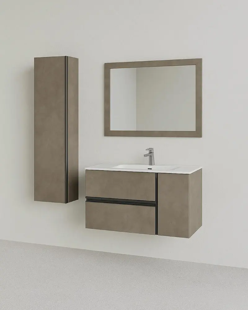 Mobile bagno Vero - Mobile 90 cm con pensile H135 - Nobilitato melaminico beton cenere - 2 cassetti e 1 anta soft-close - Lavabo ceramica e specchio inclusi - Pensile con ripiani regolabili