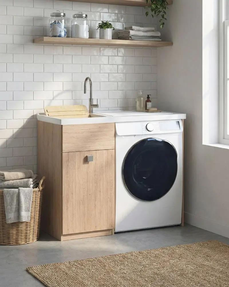 Mobile coprilavatrice Brilla Dx - Con 1 anta e lavatoio  Contenitore salvaspazio per bagno e lavanderia - Lavatrice non inclusa - Miscelatore opzionale - 2 varianti colore - 109x93x60 cm