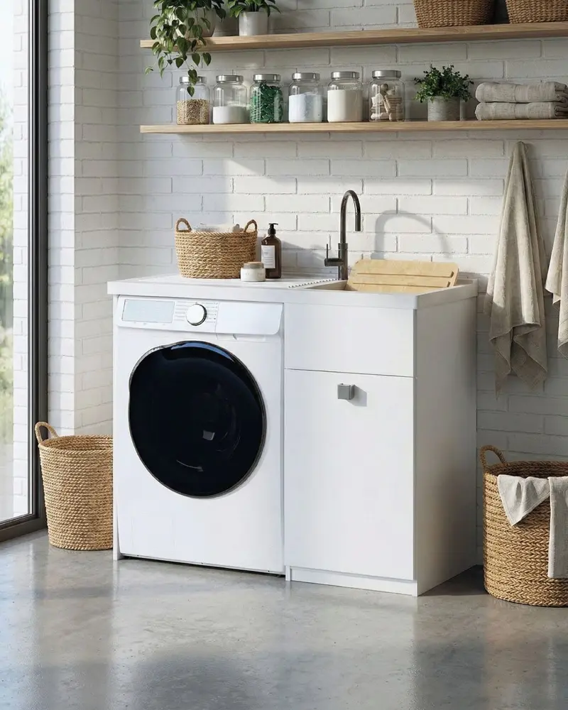 Mobile coprilavatrice Brilla Sx - Con 1 anta e lavatoio Contenitore salvaspazio per bagno e lavanderia - Lavatrice non inclusa - Miscelatore opzionale - 2 varianti colore - 109x93x60 cm