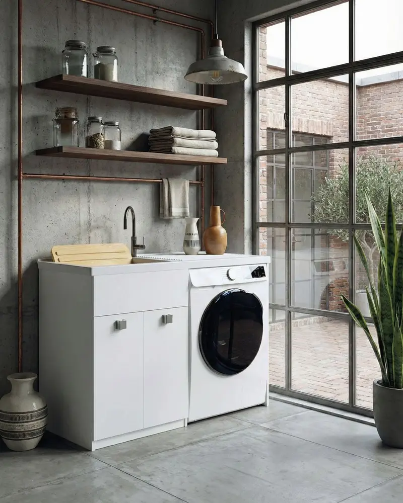Mobile coprilavatrice Pulsa Dx - Con 2 anta e lavatoio - Contenitore salvaspazio per bagno e lavanderia - Lavatrice non inclusa - Miscelatore opzionale - 2 varianti colore - 124x93x60 cm